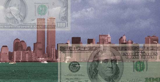 Horizonte de la ciudad de Nueva York con billetes de $100